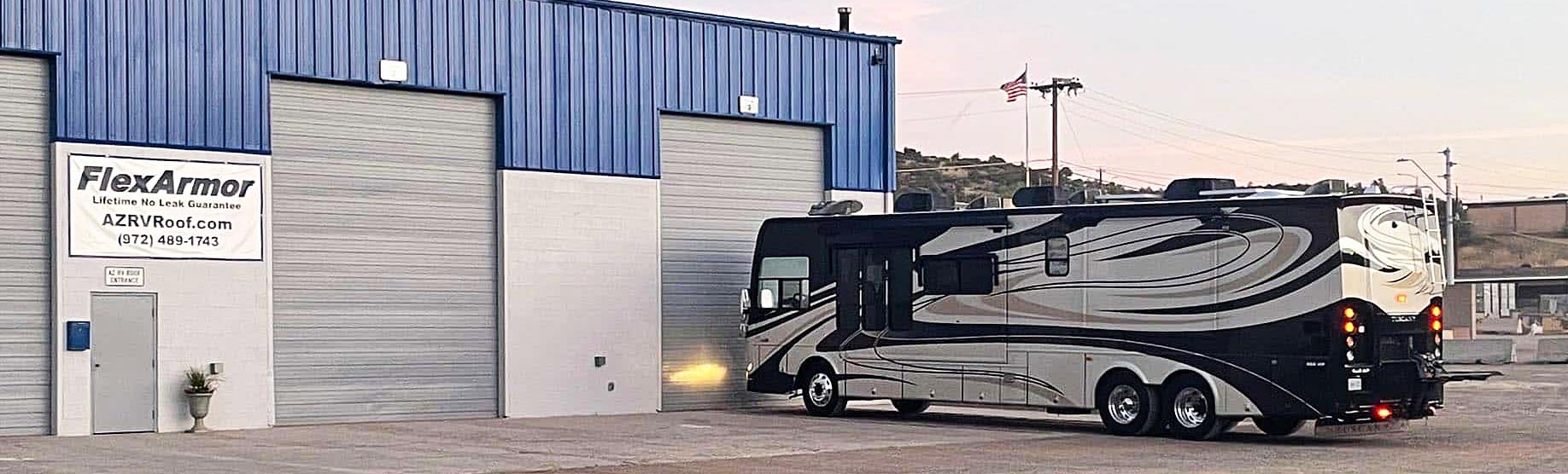 Class A RV parked outside AZ RV Roof