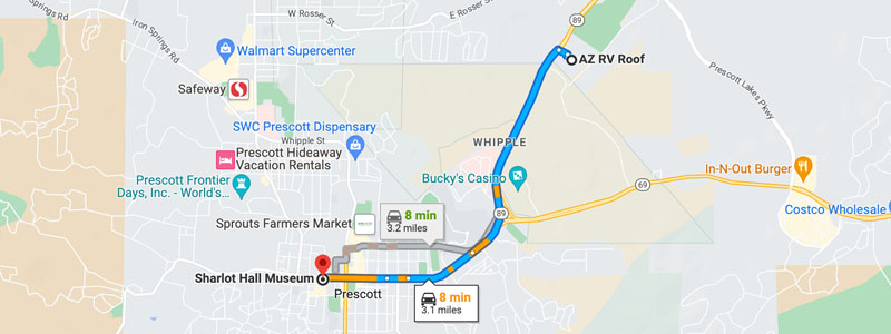 map showing route from az rv roof to sharlott hall museum in prescott arizona