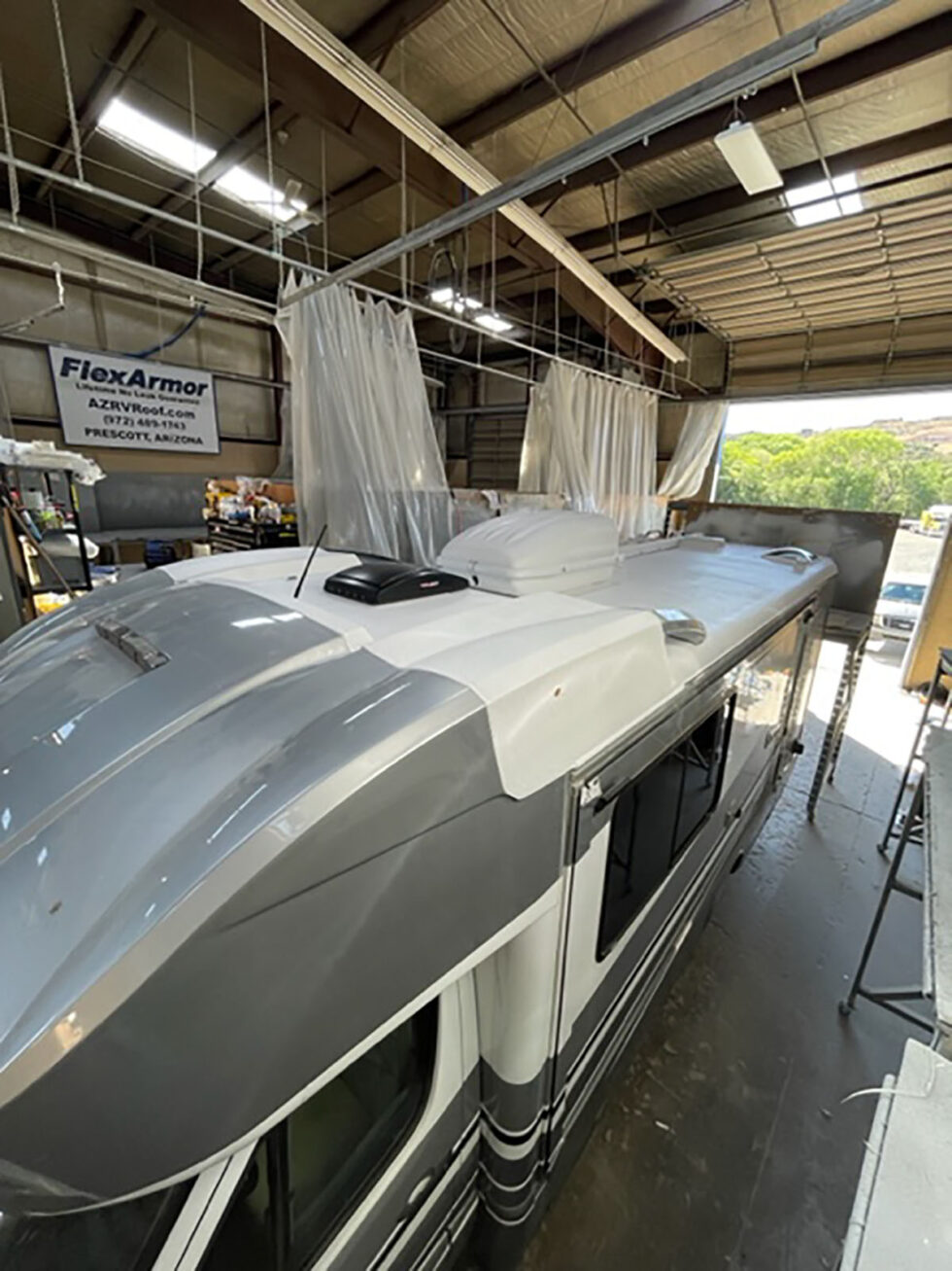 rv roof prior after repair and FlexArmor application