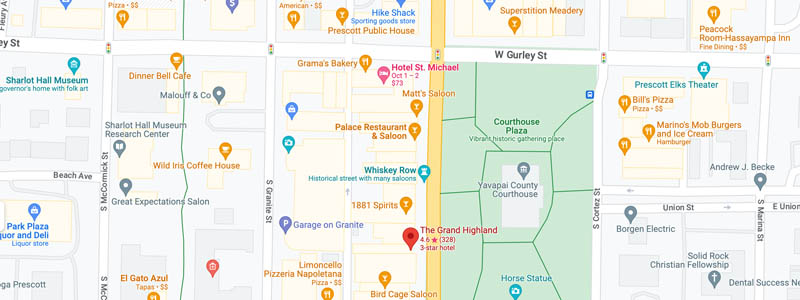 map showing location of the Grand Highland Hotel in Prescott Arizona