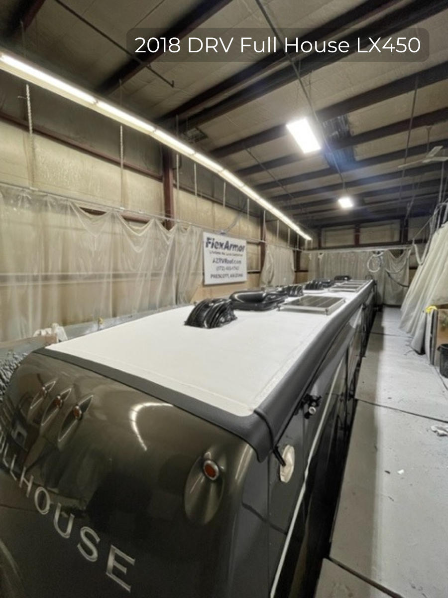 drv full house fifth wheel rv in shop for new flexarmor roof